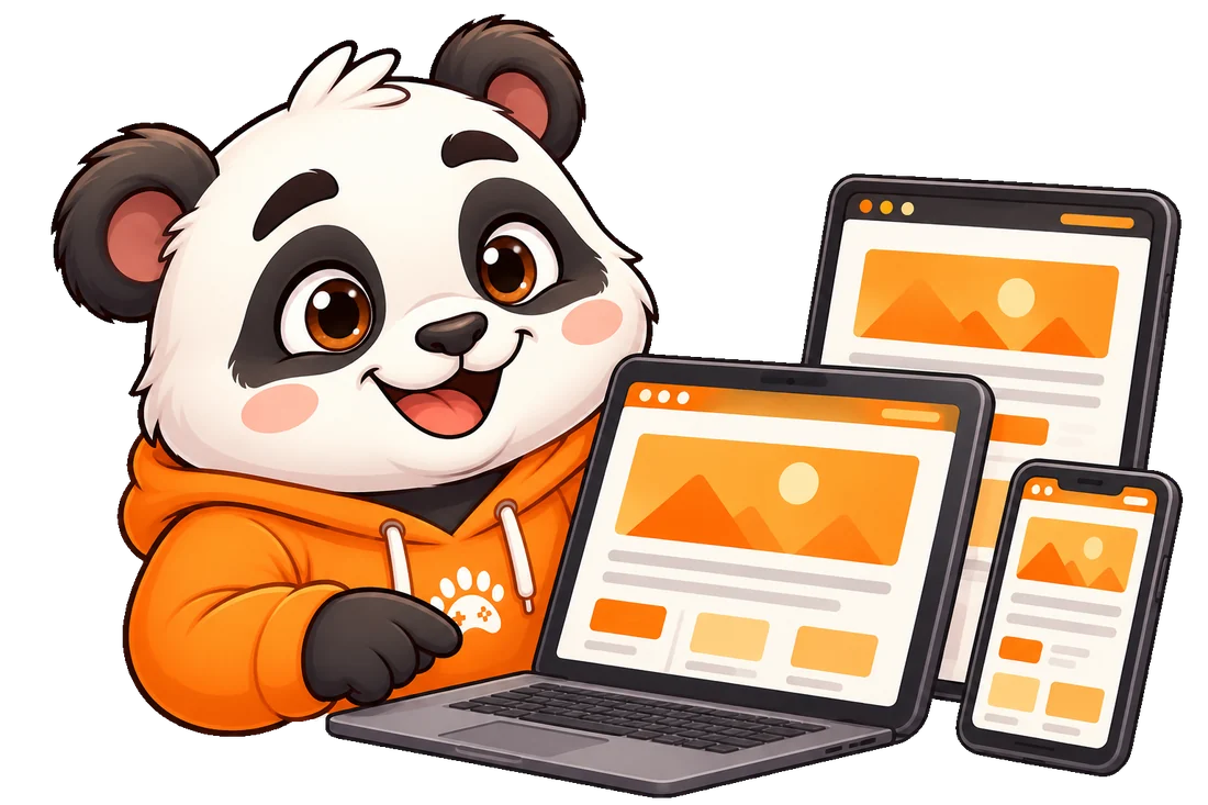 Jolly Panda mascot showing a website on a laptop, tablet and phone