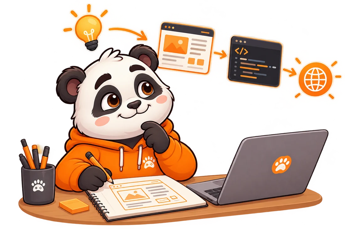 Jolly Panda mascot thinking about an idea that turns into a website
