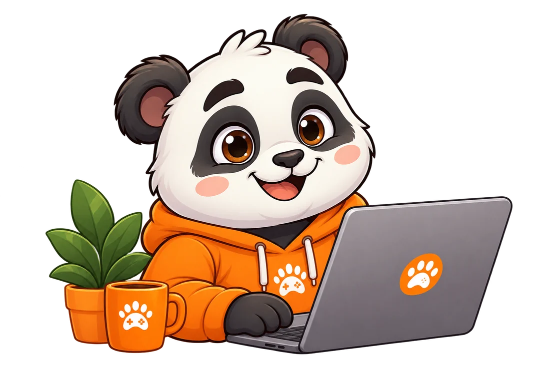 Jolly Panda mascot working on a laptop next to a plant and a coffee mug